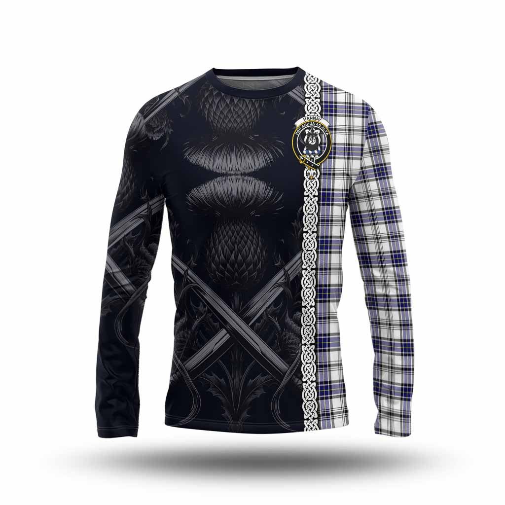 Tartan Vibes Clothing Hannay Tartan Long Sleeve T-Shirt with Family Crest Cross Sword Thistle Celtic Vibes