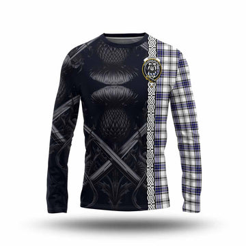 Tartan Vibes Clothing Hannay Tartan Long Sleeve T-Shirt with Family Crest Cross Sword Thistle Celtic Vibes