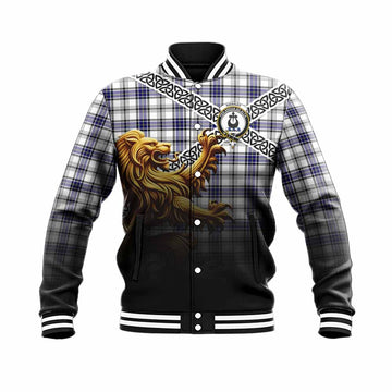 Hannay Crest Tartan Baseball Jacket with Golden Lion Emblem Celtic Style