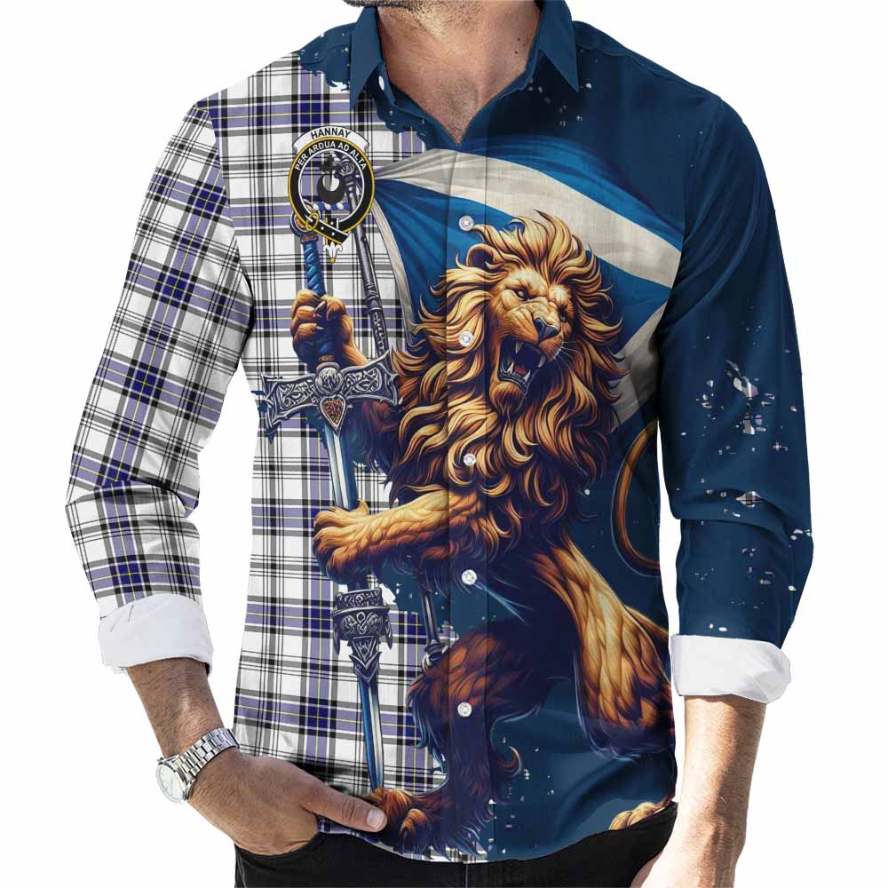 Tartan Vibes Clothing Hannay Tartan Family Crest Long Sleeve Button Shirt with Scottish Majestic Lion