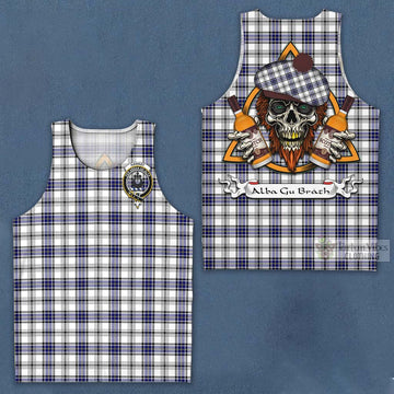 Tartan Vibes Clothing Hannay Tartan Men's Tank Top with Family Crest and Bearded Skull Holding Bottles of Whiskey