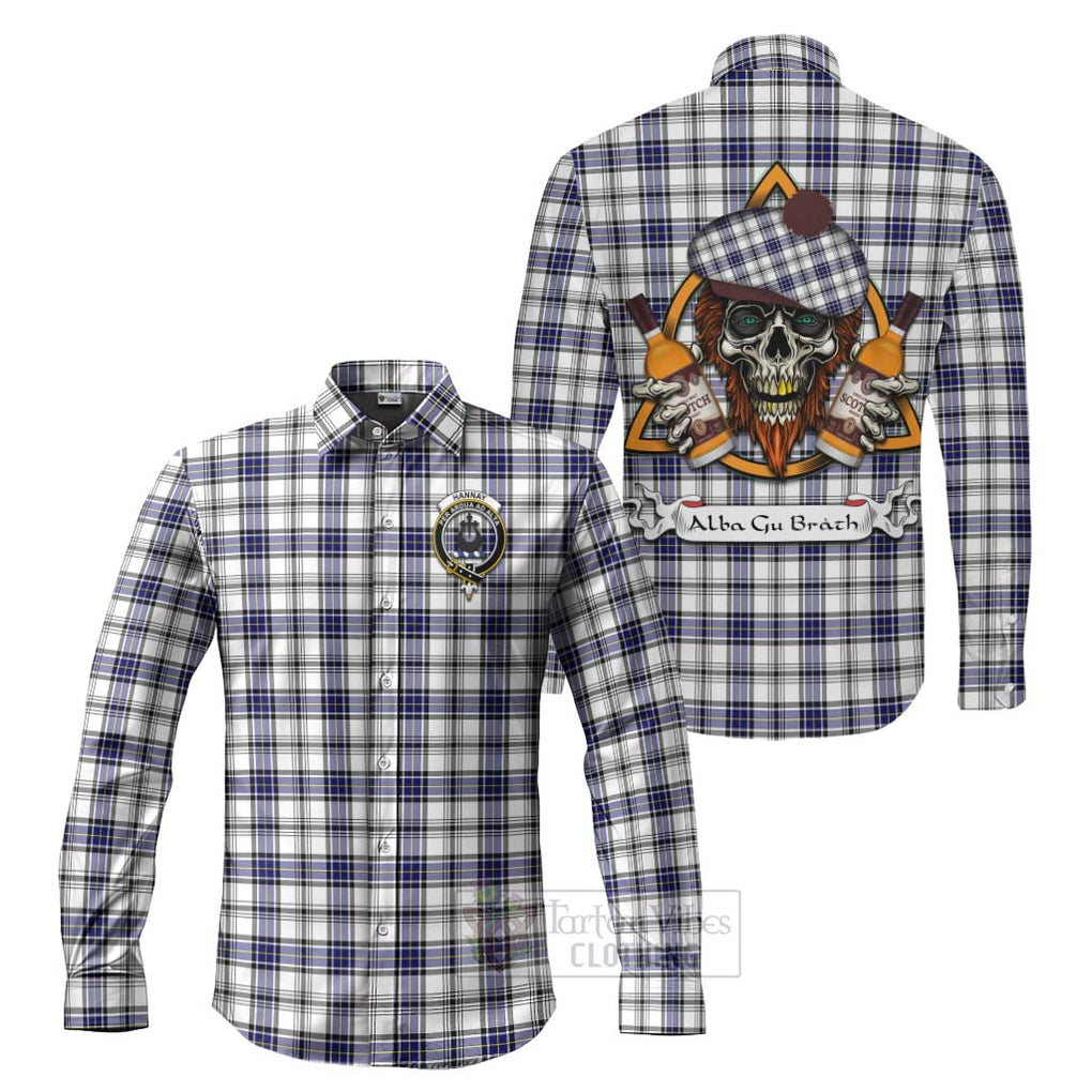 Tartan Vibes Clothing Hannay Tartan Long Sleeve Button Shirt with Family Crest and Bearded Skull Holding Bottles of Whiskey
