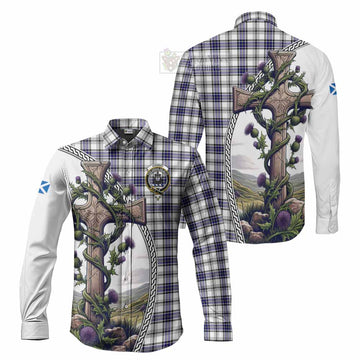 Hannay Tartan Long Sleeve Button Shirt with Family Crest and St. Andrew's Cross Accented by Thistle Vines