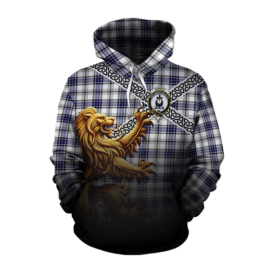 Tartan Vibes Clothing Hannay Crest Tartan Cotton Hoodie with Golden Lion Emblem Celtic Style