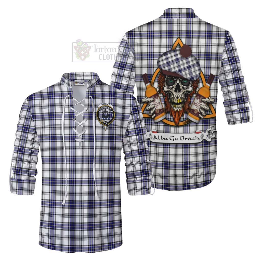 Tartan Vibes Clothing Hannay Tartan Ghillie Kilt Shirt with Family Crest and Bearded Skull Holding Bottles of Whiskey