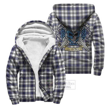 Hannay Tartan Sherpa Hoodie with Family Crest Celtic Skull Style
