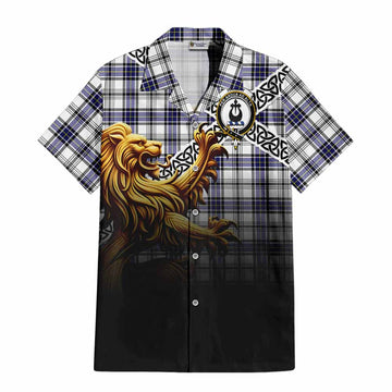 Tartan Vibes Clothing Hannay Crest Tartan Short Sleeve Button Shirt with Golden Lion Emblem Celtic Style
