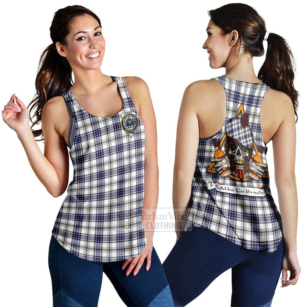 Tartan Vibes Clothing Hannay Tartan Women's Racerback Tanks with Family Crest and Bearded Skull Holding Bottles of Whiskey