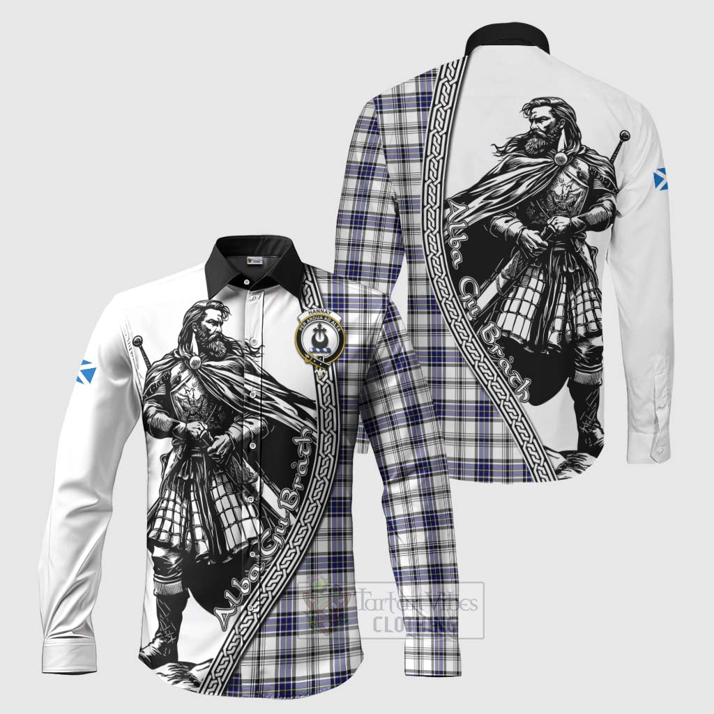 Tartan Vibes Clothing Hannay Tartan Clan Crest Long Sleeve Button Shirt with Highlander Warrior Celtic Style