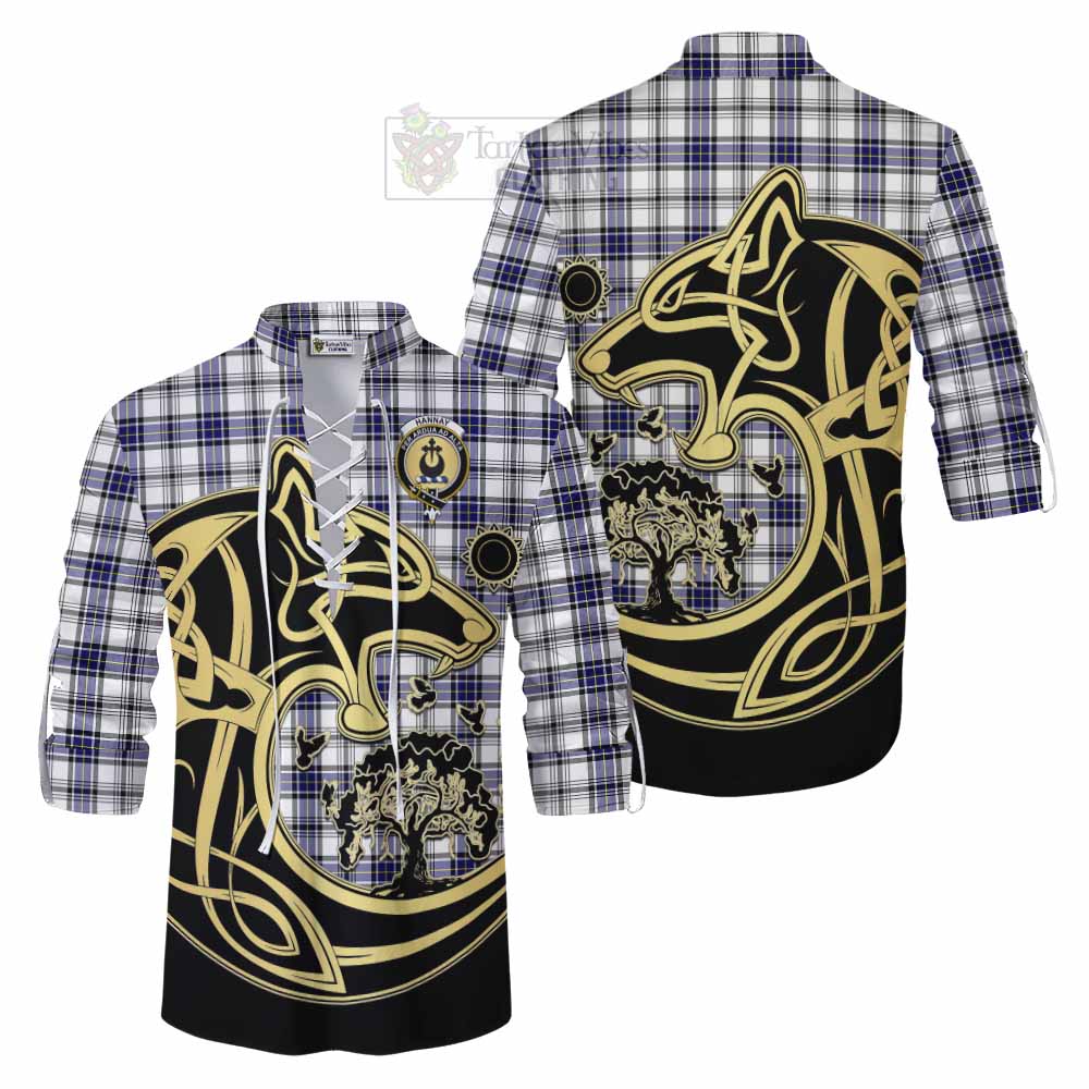 Tartan Vibes Clothing Hannay Tartan Ghillie Kilt Shirt with Family Crest Celtic Wolf Style