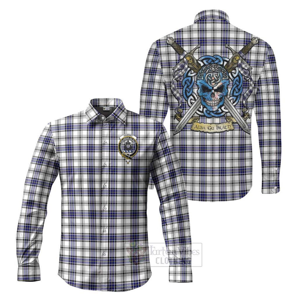 Tartan Vibes Clothing Hannay Tartan Long Sleeve Button Shirt with Family Crest Celtic Skull Style
