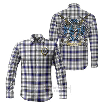 Hannay Tartan Long Sleeve Button Shirt with Family Crest Celtic Skull Style