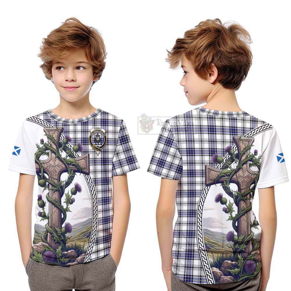 Tartan Vibes Clothing Hannay Tartan Kid T-Shirt with Family Crest and St. Andrew's Cross Accented by Thistle Vines