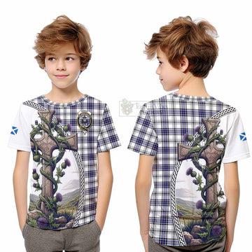 Tartan Vibes Clothing Hannay Tartan Kid T-Shirt with Family Crest and St. Andrew's Cross Accented by Thistle Vines