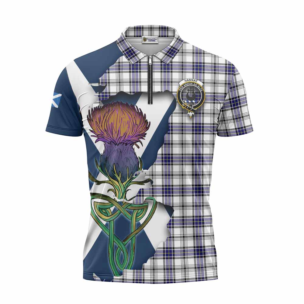 Tartan Vibes Clothing Hannay Tartan Family Crest Zipper Polo Shirt Scottish Thistle Celtic Inspired