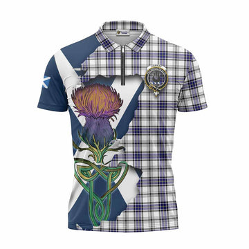 Hannay Tartan Family Crest Zipper Polo Shirt Scottish Thistle Celtic Inspired