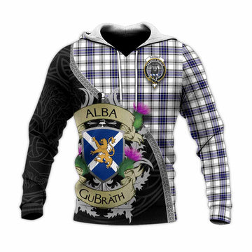 Hannay Tartan Family Crest Knitted Hoodie Lion Rampant Royal Thistle Shield Celtic Inspired