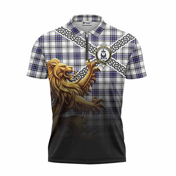 Hannay Crest Tartan Zipper Polo Shirt with Golden Lion Emblem Celtic Style