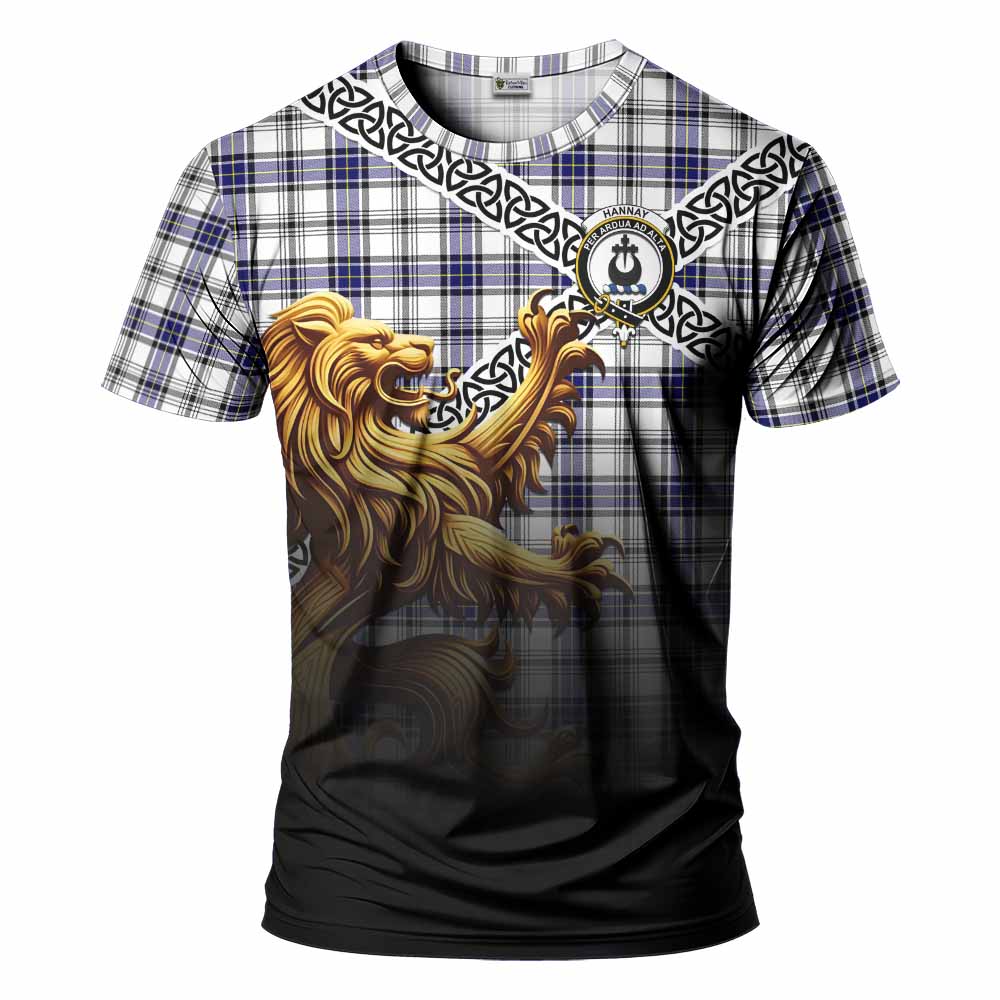 Tartan Vibes Clothing Hannay Crest Tartan T-Shirt with Golden Lion Emblem Celtic Style