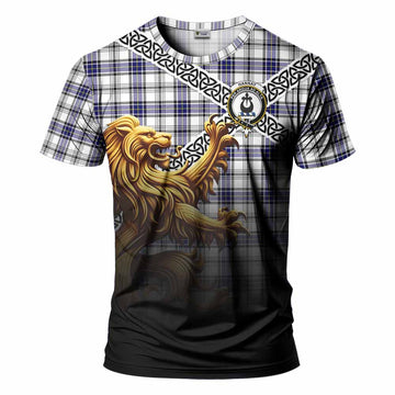 Tartan Vibes Clothing Hannay Crest Tartan T-Shirt with Golden Lion Emblem Celtic Style