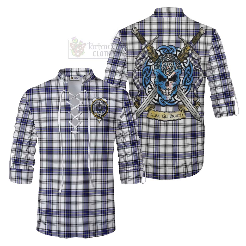 Tartan Vibes Clothing Hannay Tartan Ghillie Kilt Shirt with Family Crest Celtic Skull Style