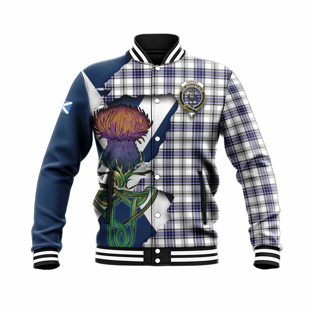 Tartan Vibes Clothing Hannay Tartan Family Crest Baseball Jacket Scottish Thistle Celtic Inspired