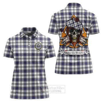 Tartan Vibes Clothing Hannay Tartan Women's Polo Shirt with Family Crest and Bearded Skull Holding Bottles of Whiskey