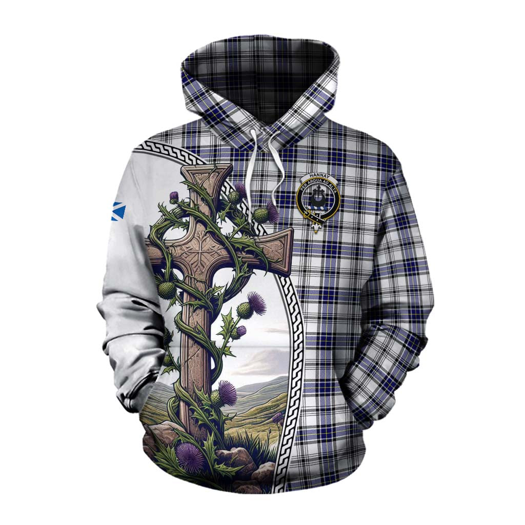 Tartan Vibes Clothing Hannay Tartan Cotton Hoodie with Family Crest and St. Andrew's Cross Accented by Thistle Vines