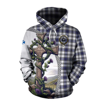 Tartan Vibes Clothing Hannay Tartan Cotton Hoodie with Family Crest and St. Andrew's Cross Accented by Thistle Vines