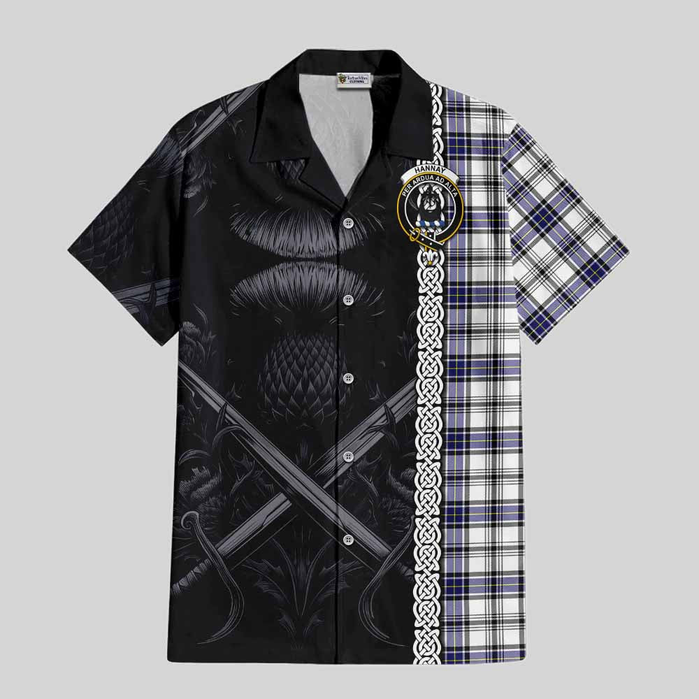 Tartan Vibes Clothing Hannay Tartan Short Sleeve Button Shirt with Family Crest Cross Sword Thistle Celtic Vibes