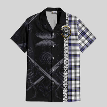 Tartan Vibes Clothing Hannay Tartan Short Sleeve Button Shirt with Family Crest Cross Sword Thistle Celtic Vibes