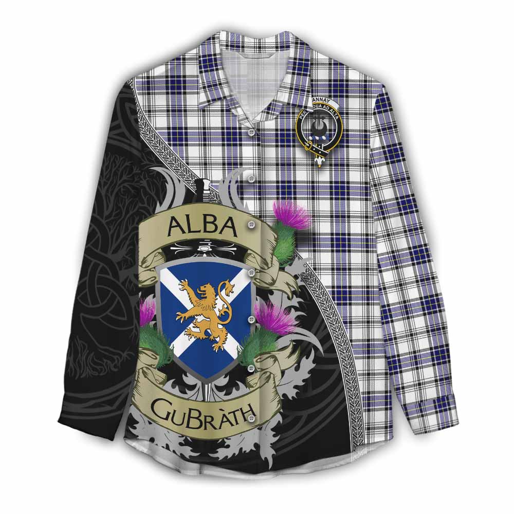 Tartan Vibes Clothing Hannay Tartan Family Crest Women's Casual Shirt Lion Rampant Royal Thistle Shield Celtic Inspired