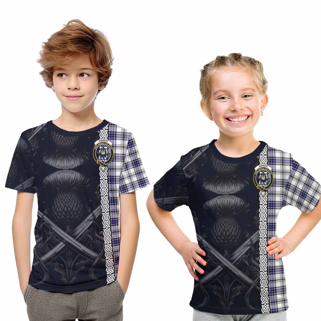 Tartan Vibes Clothing Hannay Tartan Kid T-Shirt with Family Crest Cross Sword Thistle Celtic Vibes