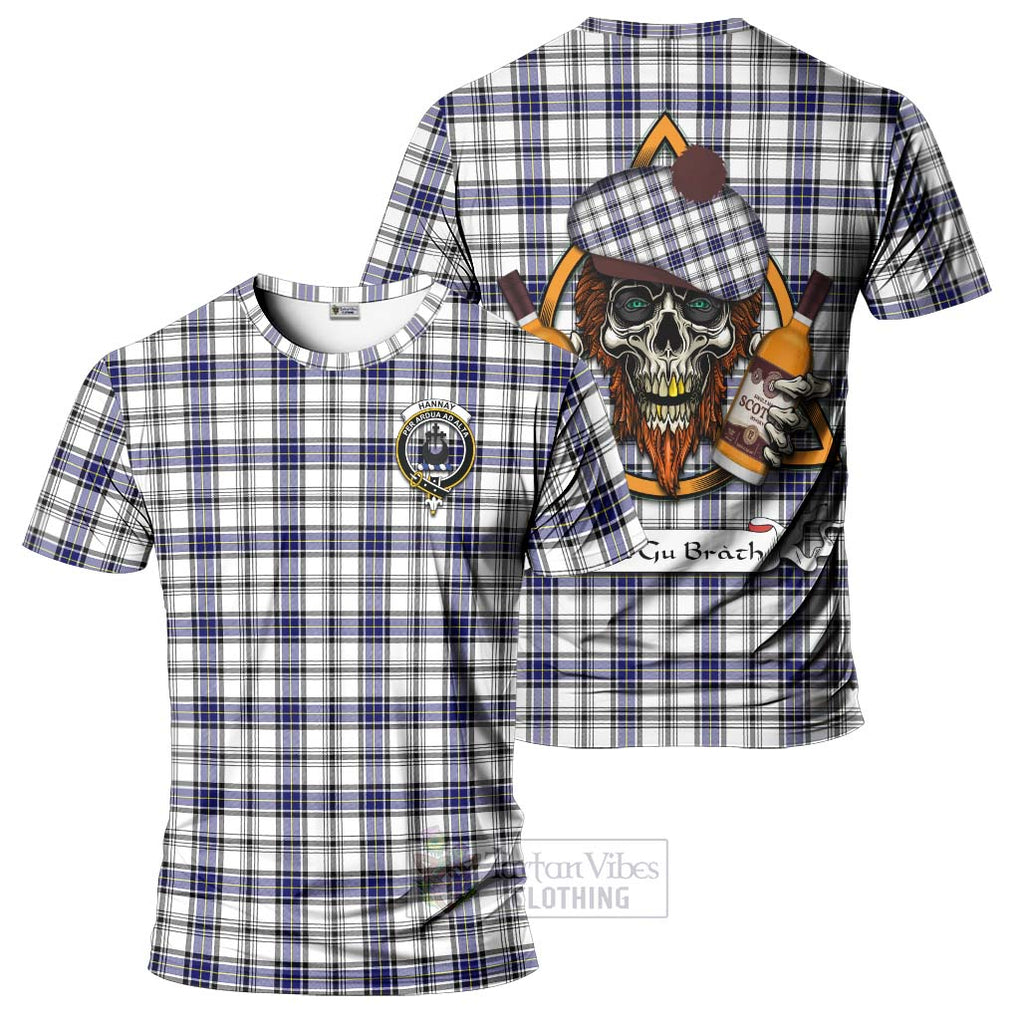 Tartan Vibes Clothing Hannay Tartan T-Shirt with Family Crest and Bearded Skull Holding Bottles of Whiskey