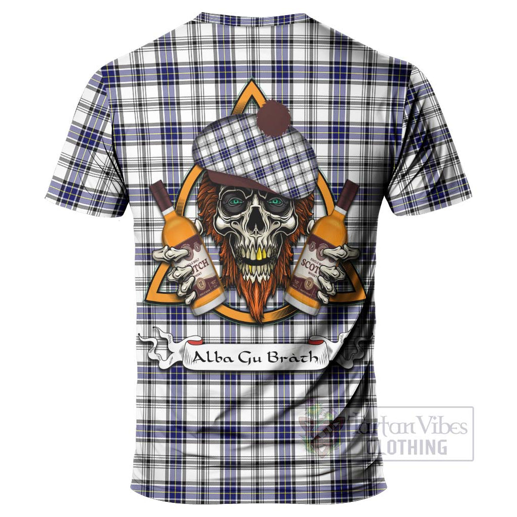 Tartan Vibes Clothing Hannay Tartan T-Shirt with Family Crest and Bearded Skull Holding Bottles of Whiskey