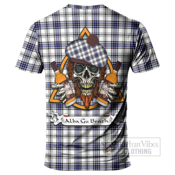 Hannay Tartan T-Shirt with Family Crest and Bearded Skull Holding Bottles of Whiskey