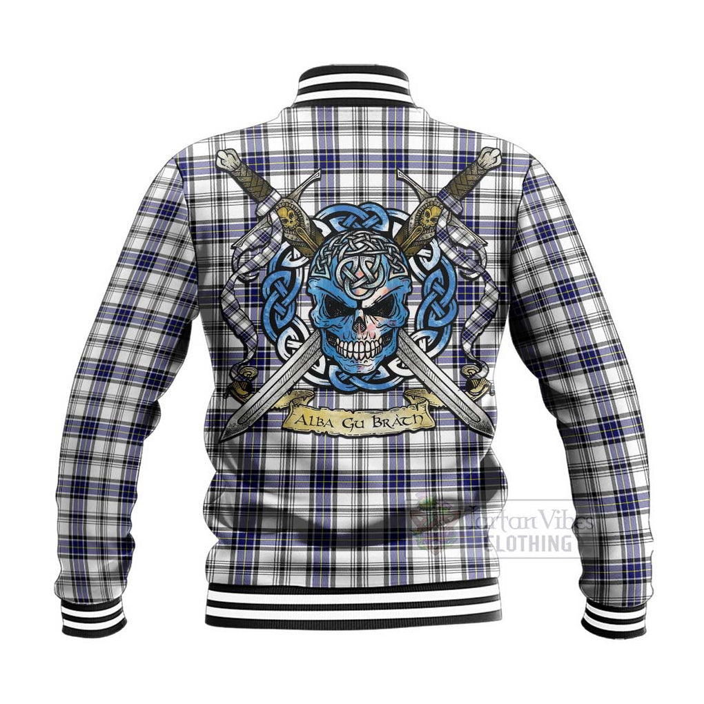 Tartan Vibes Clothing Hannay Tartan Baseball Jacket with Family Crest Celtic Skull Style
