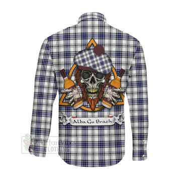Hannay Tartan Long Sleeve Button Shirt with Family Crest and Bearded Skull Holding Bottles of Whiskey