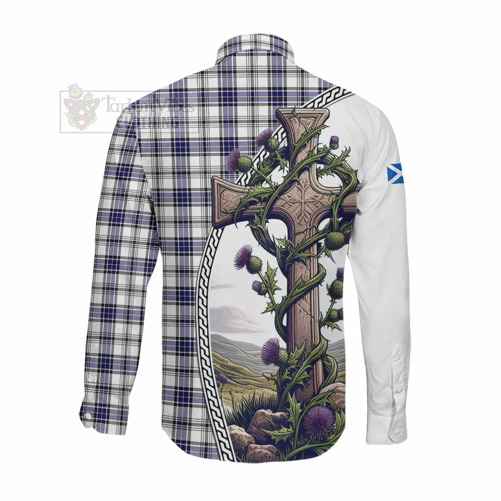 Tartan Vibes Clothing Hannay Tartan Long Sleeve Button Shirt with Family Crest and St. Andrew's Cross Accented by Thistle Vines