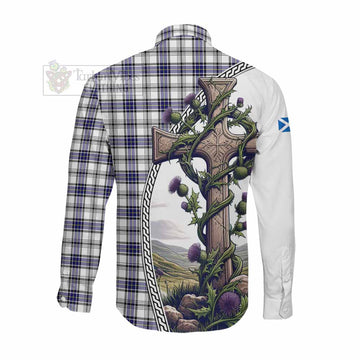 Hannay Tartan Long Sleeve Button Shirt with Family Crest and St. Andrew's Cross Accented by Thistle Vines