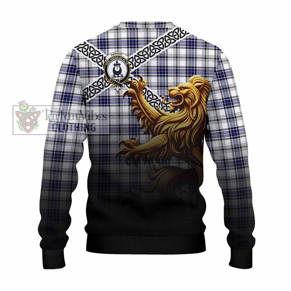 Tartan Vibes Clothing Hannay Crest Tartan Knitted Sweater with Golden Lion Emblem Celtic Style