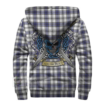 Hannay Tartan Sherpa Hoodie with Family Crest Celtic Skull Style