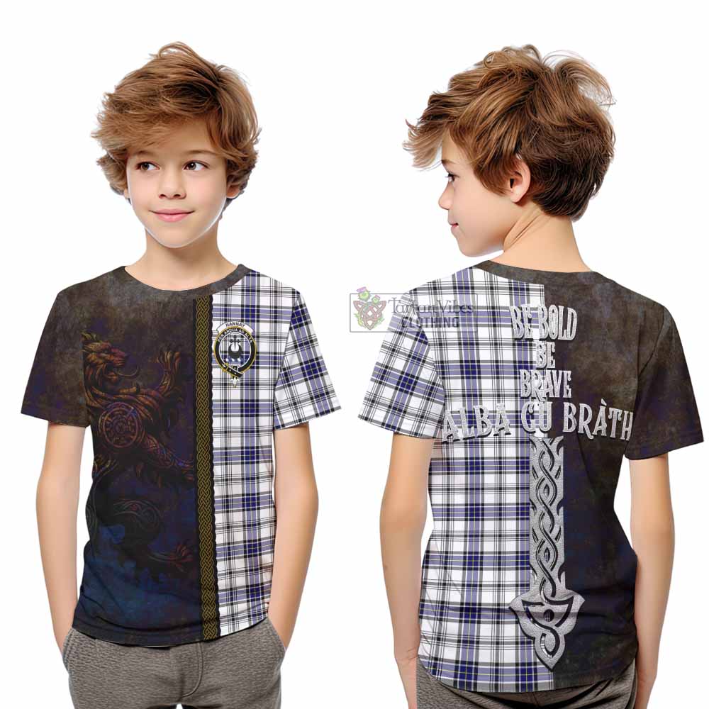 Tartan Vibes Clothing Hannay Tartan Family Crest Kid T-Shirt Alba Gu Brath Be Brave Lion Ancient Style