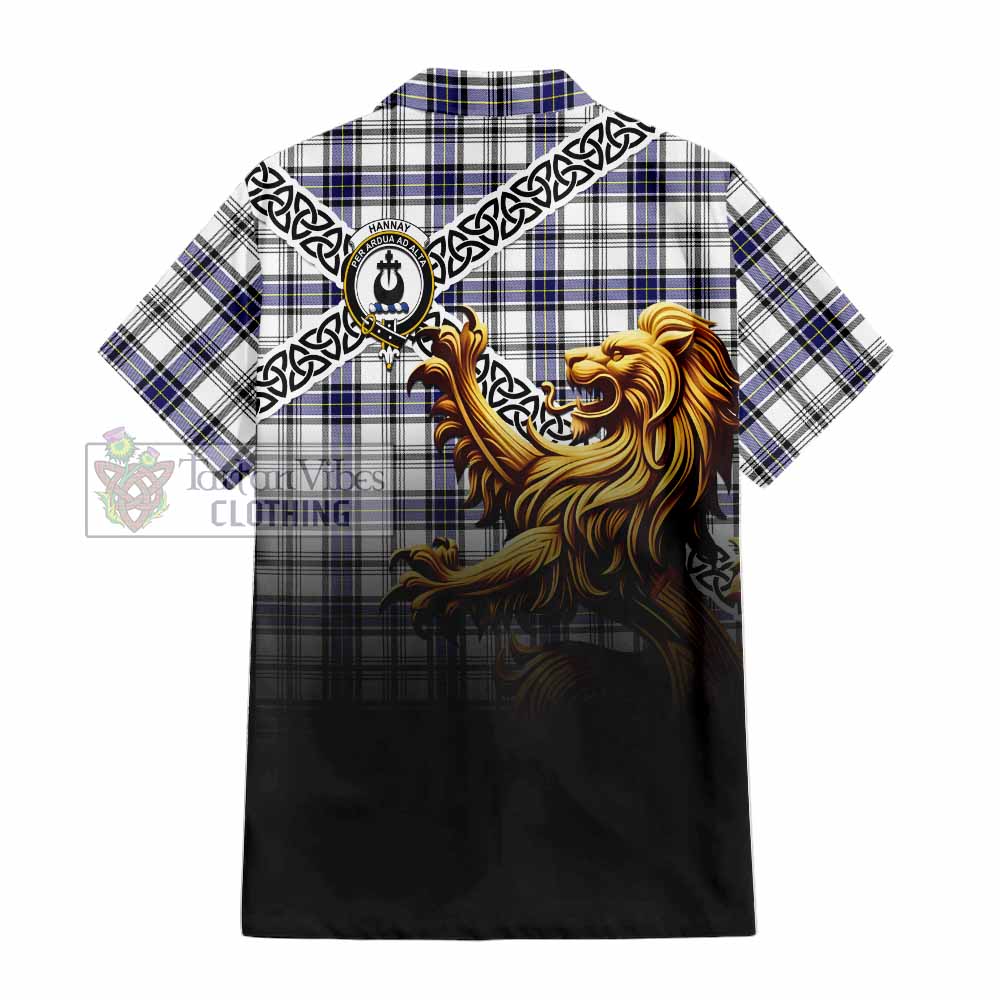 Tartan Vibes Clothing Hannay Crest Tartan Short Sleeve Button Shirt with Golden Lion Emblem Celtic Style