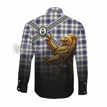 Hannay Crest Tartan Long Sleeve Button Shirt with Golden Lion Emblem Celtic Style