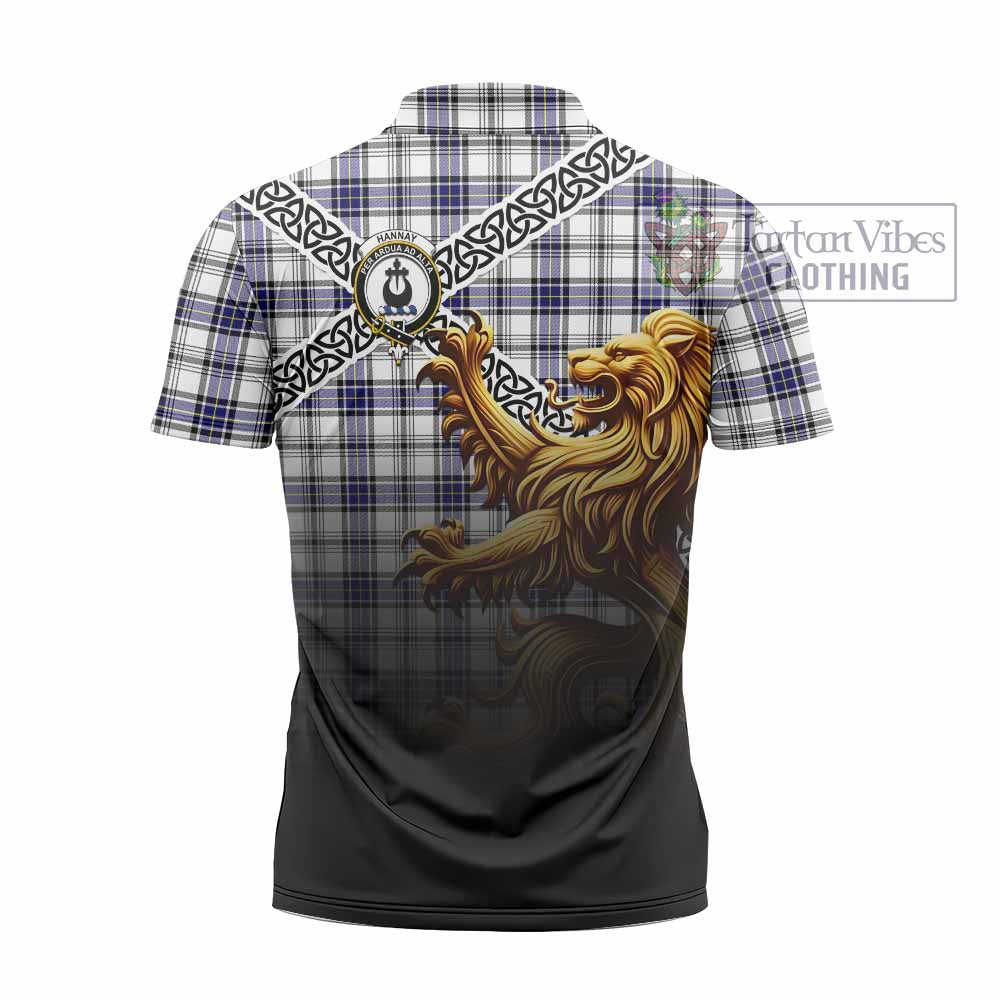 Tartan Vibes Clothing Hannay Crest Tartan Zipper Polo Shirt with Golden Lion Emblem Celtic Style
