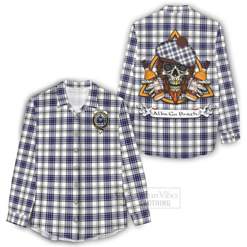 Hannay Tartan Women's Casual Shirt with Family Crest and Bearded Skull Holding Bottles of Whiskey