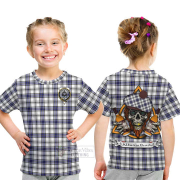 Tartan Vibes Clothing Hannay Tartan Kid T-Shirt with Family Crest and Bearded Skull Holding Bottles of Whiskey