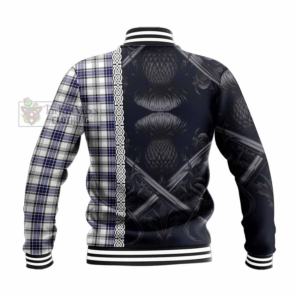 Tartan Vibes Clothing Hannay Tartan Baseball Jacket with Family Crest Cross Sword Thistle Celtic Vibes