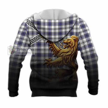 Hannay Crest Tartan Knitted Hoodie with Golden Lion Emblem Celtic Style
